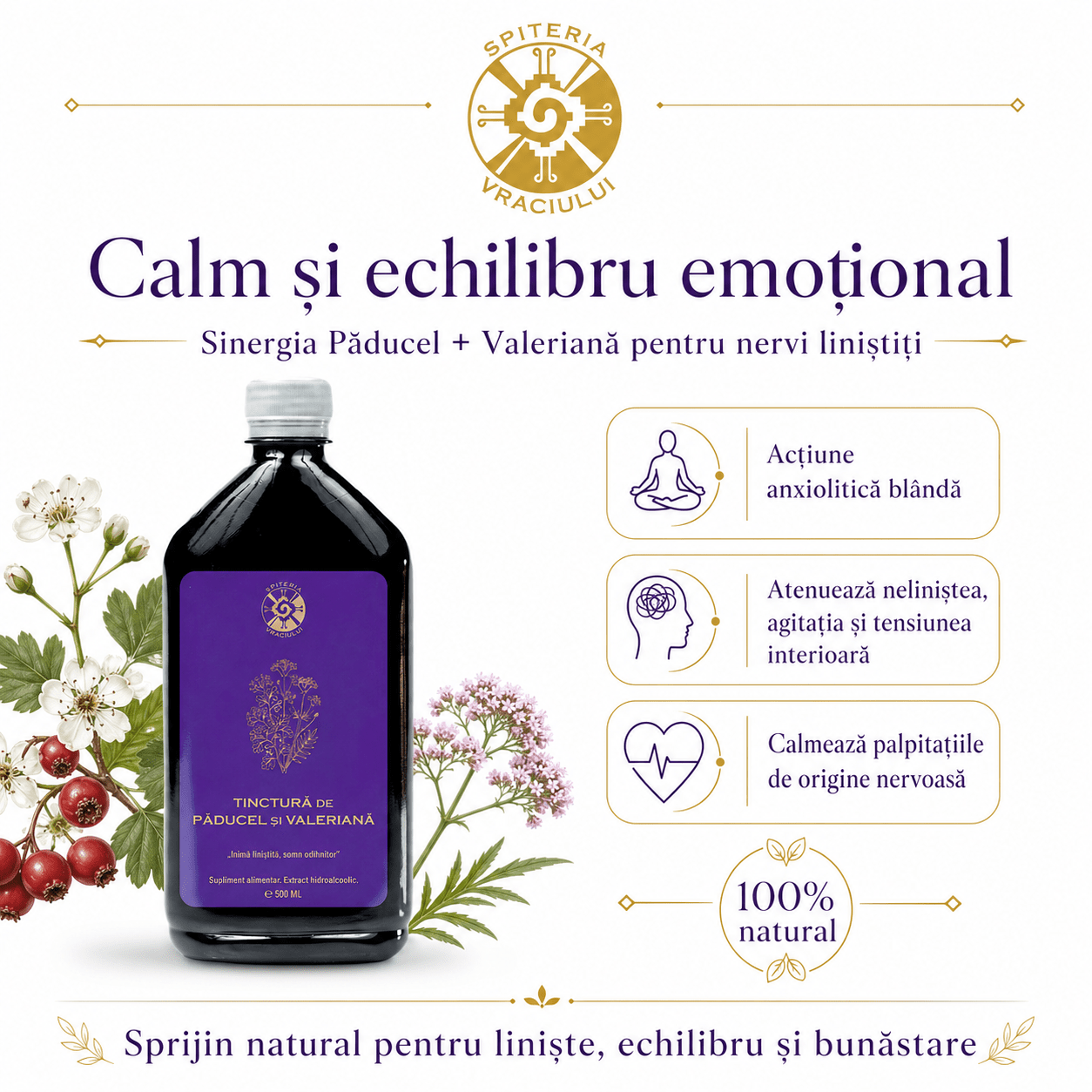 Tinctură de Păducel și Valeriană – Inimă Liniștită și Somn Odihnitor | 500ml - Spiteria Vraciului