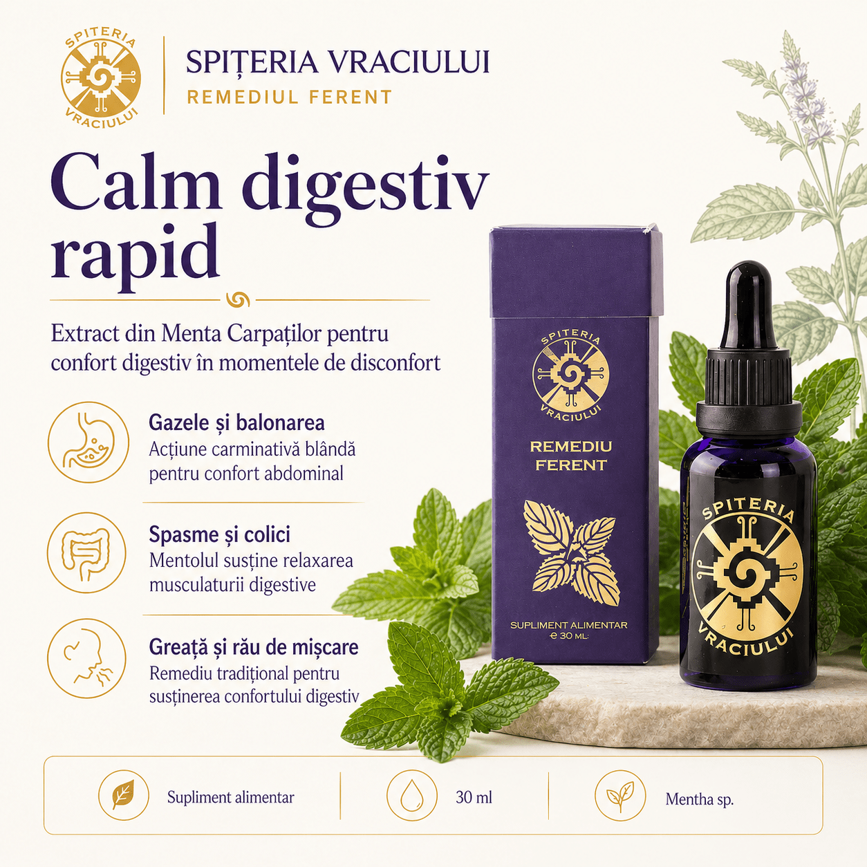 Remediu Natural Digestie și Diaree – Extract de Mentă FERENT | 30ml - Spiteria Vraciului