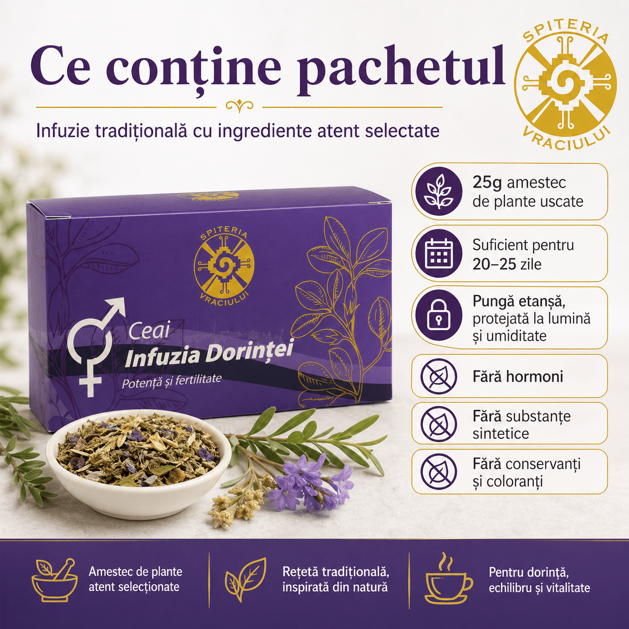 Ceai Natural Fertilitate și Potență – Infuzia Dorinței - Spiteria Vraciului