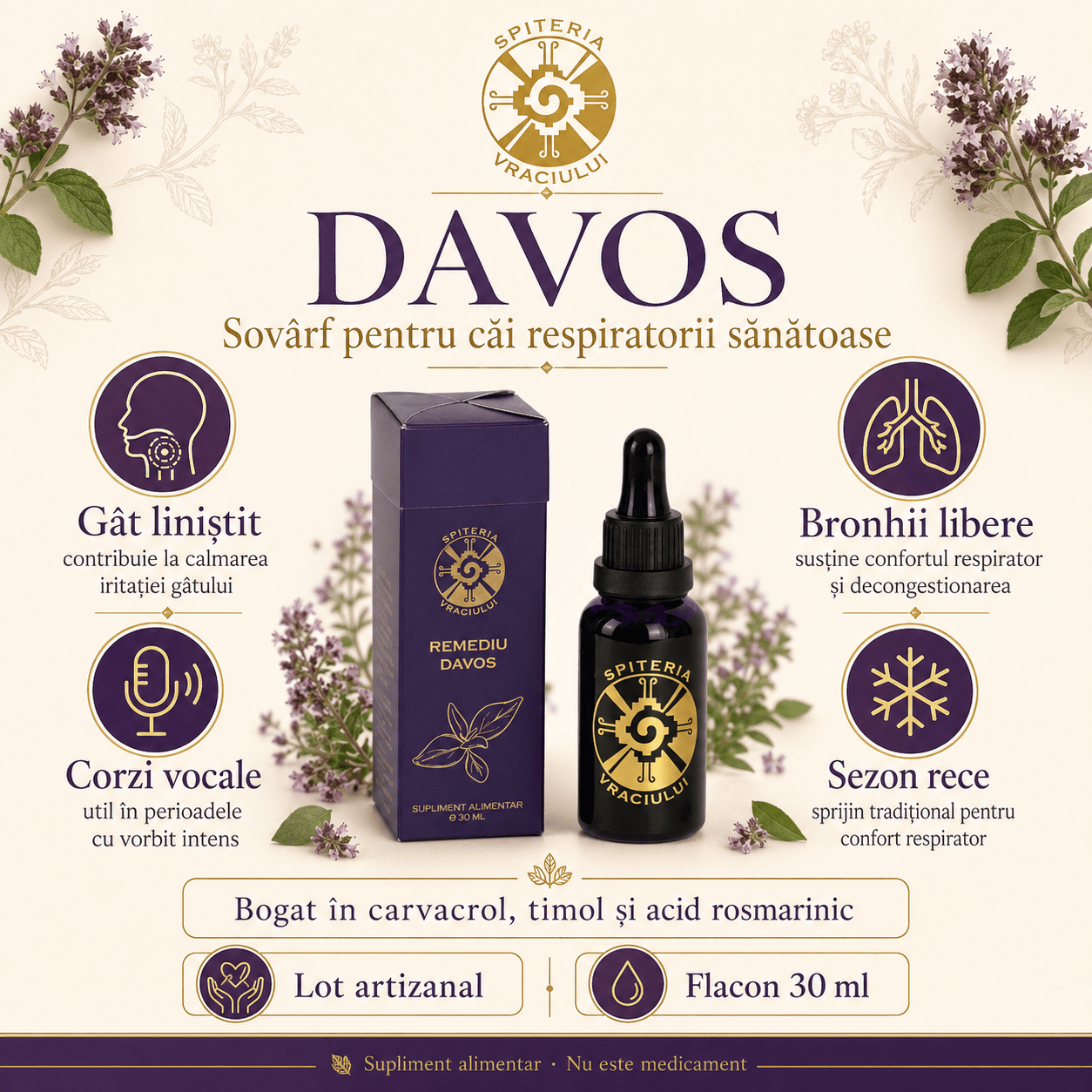 Remediu Natural Tuse și Dureri de Gât – DAVOS Antiinflamator | 30ml - Spiteria Vraciului
