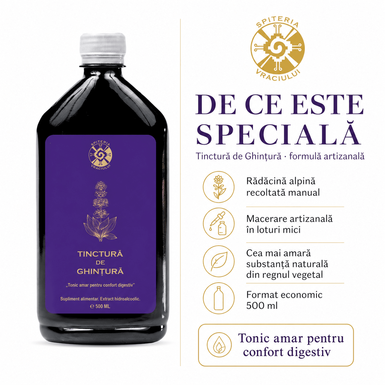 Tinctură de Ghințură – Tonic Amar pentru Digestie și Confort Gastric | 500ml - Spiteria Vraciului